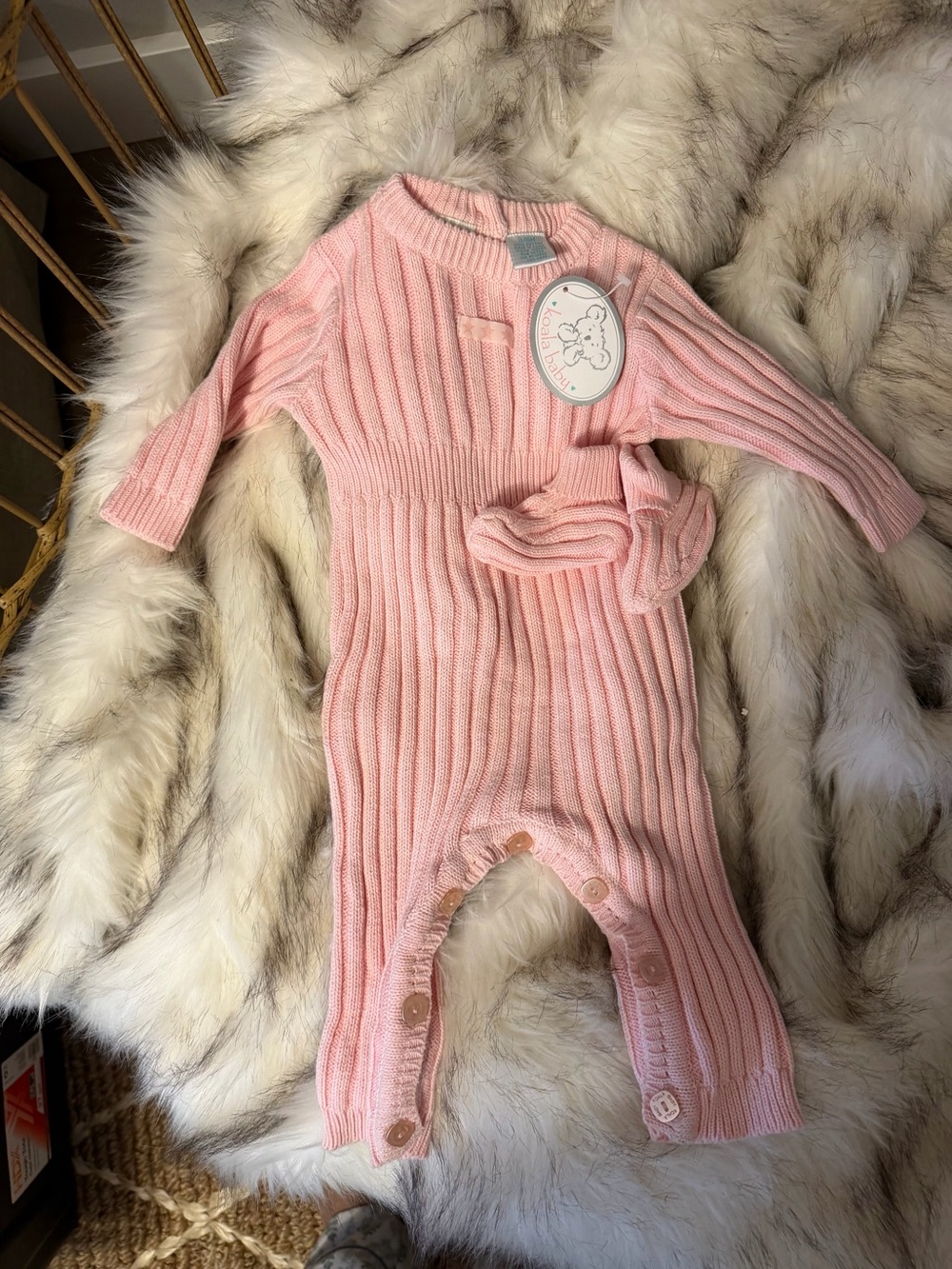 NWT Pink Ribbed Knit Baby Footie One-Piece with Bow Detail